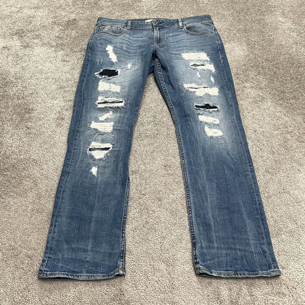 Guess Slim tapered Distressed Denim Jeans Men 38 Blue Medium Wash Stretch Casual